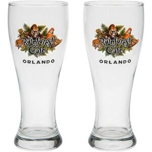 Rainforest Cafe Orlando Souvenir Pilsner Glasses Set of 2 Clear Logo 8.5 Inch P3